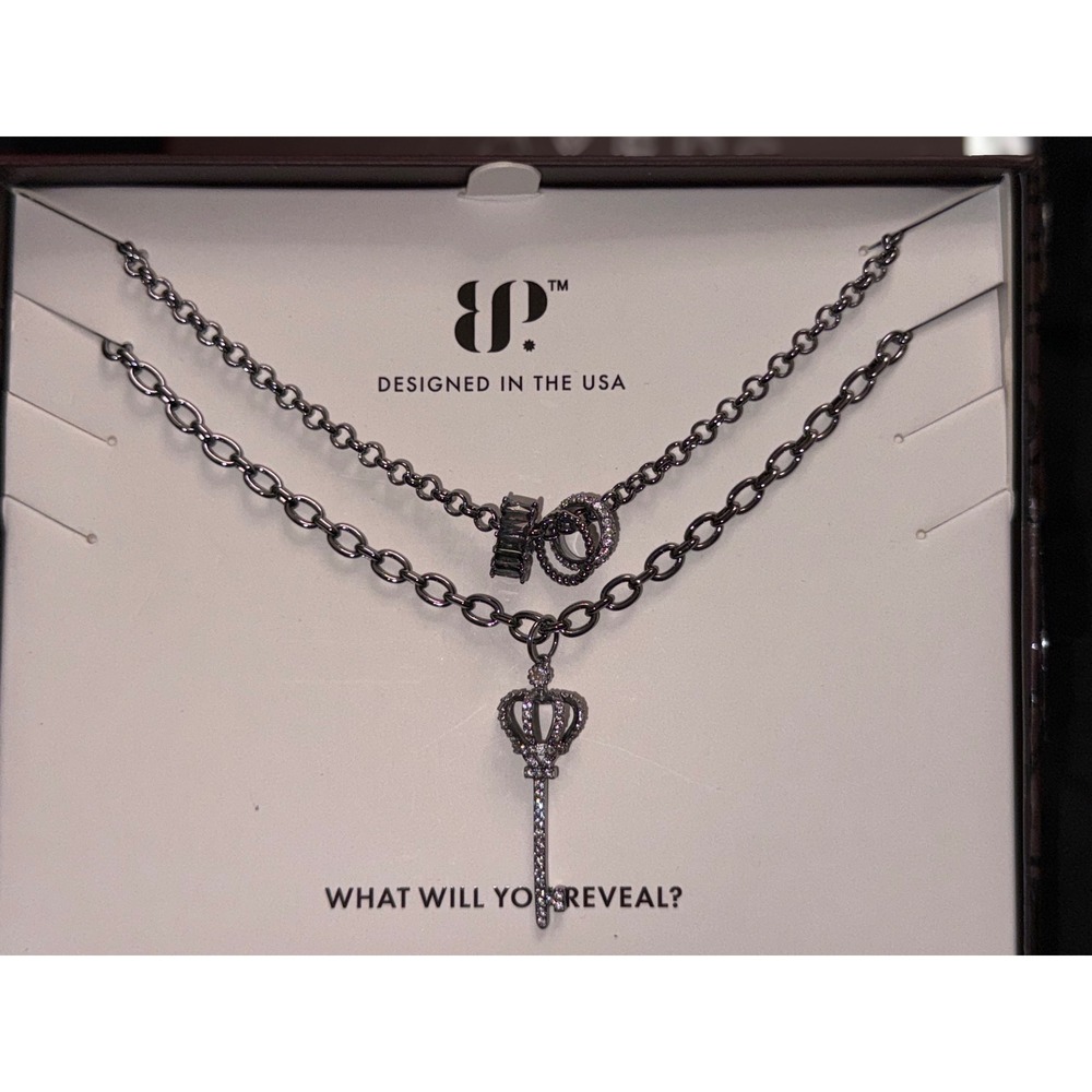 Bomb Party Luxe Layers Gunmetal Crown Key Necklace Set Lab Created Stones
